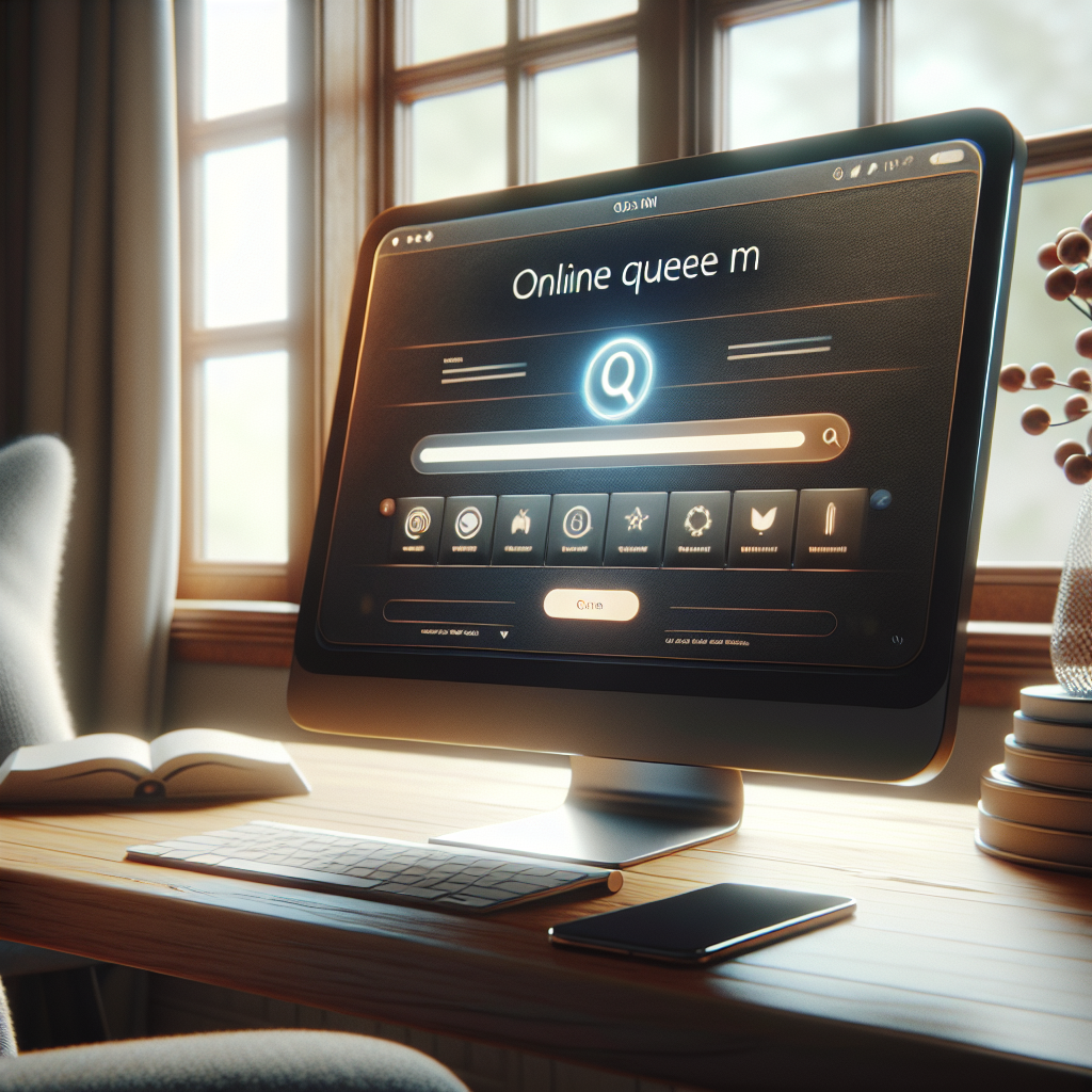 A realistic image of a computer screen displaying an online queue system interface in a cozy home setting.