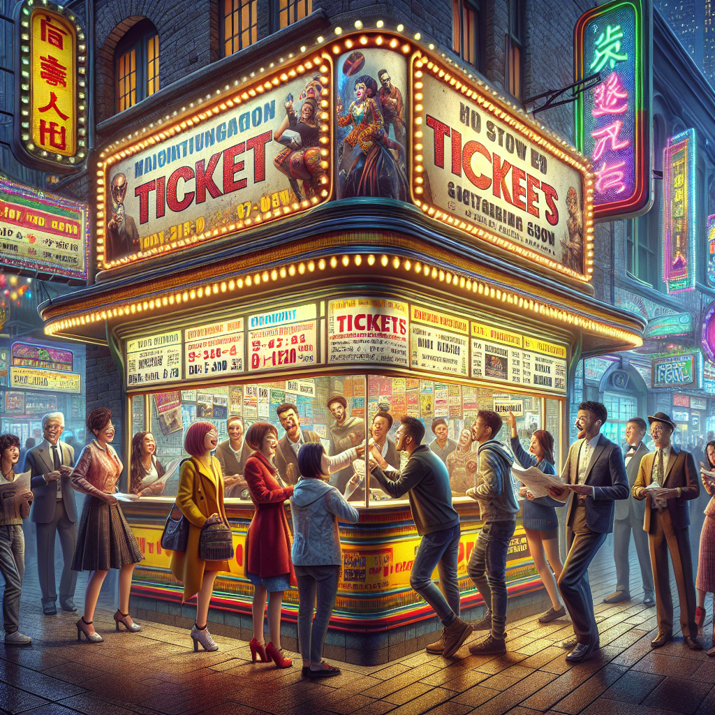 A realistic urban setting with a busy ticket booth where diverse people buy event tickets.