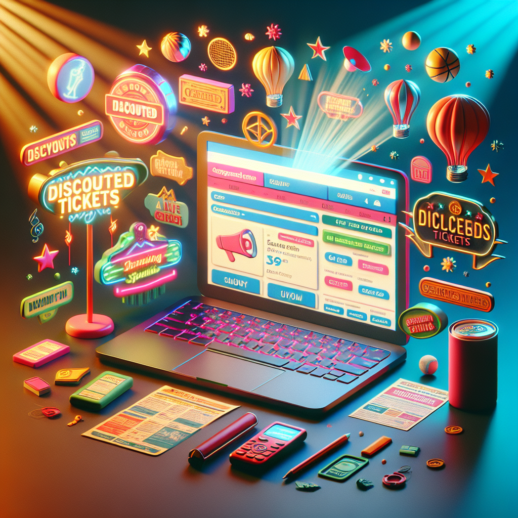 Illustration of a laptop showing various live events and promotional ticket schemes.