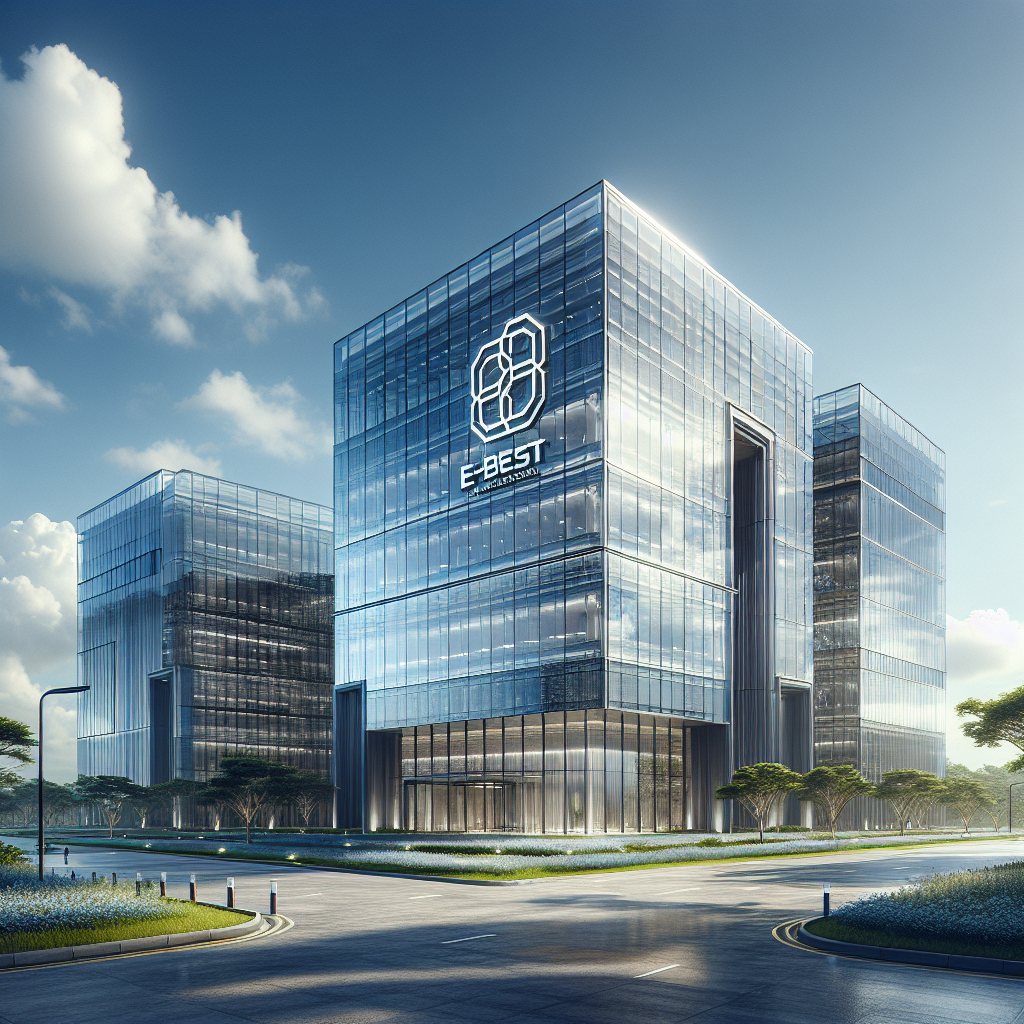 Modern headquarters of E-Best Pte Ltd with glass exteriors and lush surroundings.