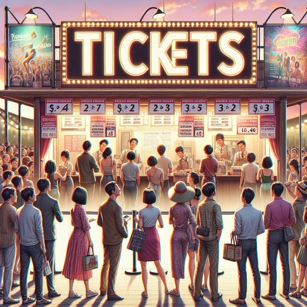 A realistic image of a bustling event ticket stand with a crowd.