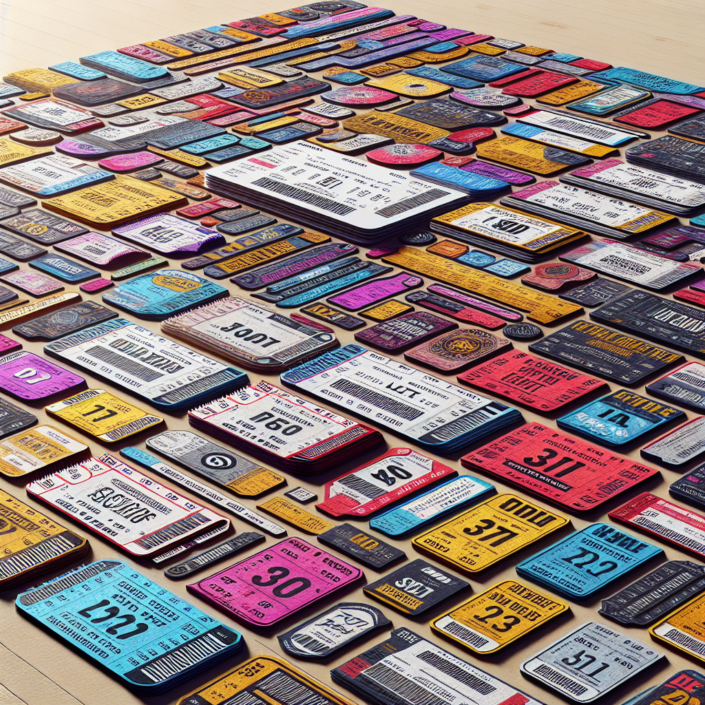 Realistic image of various event tickets on a flat surface.