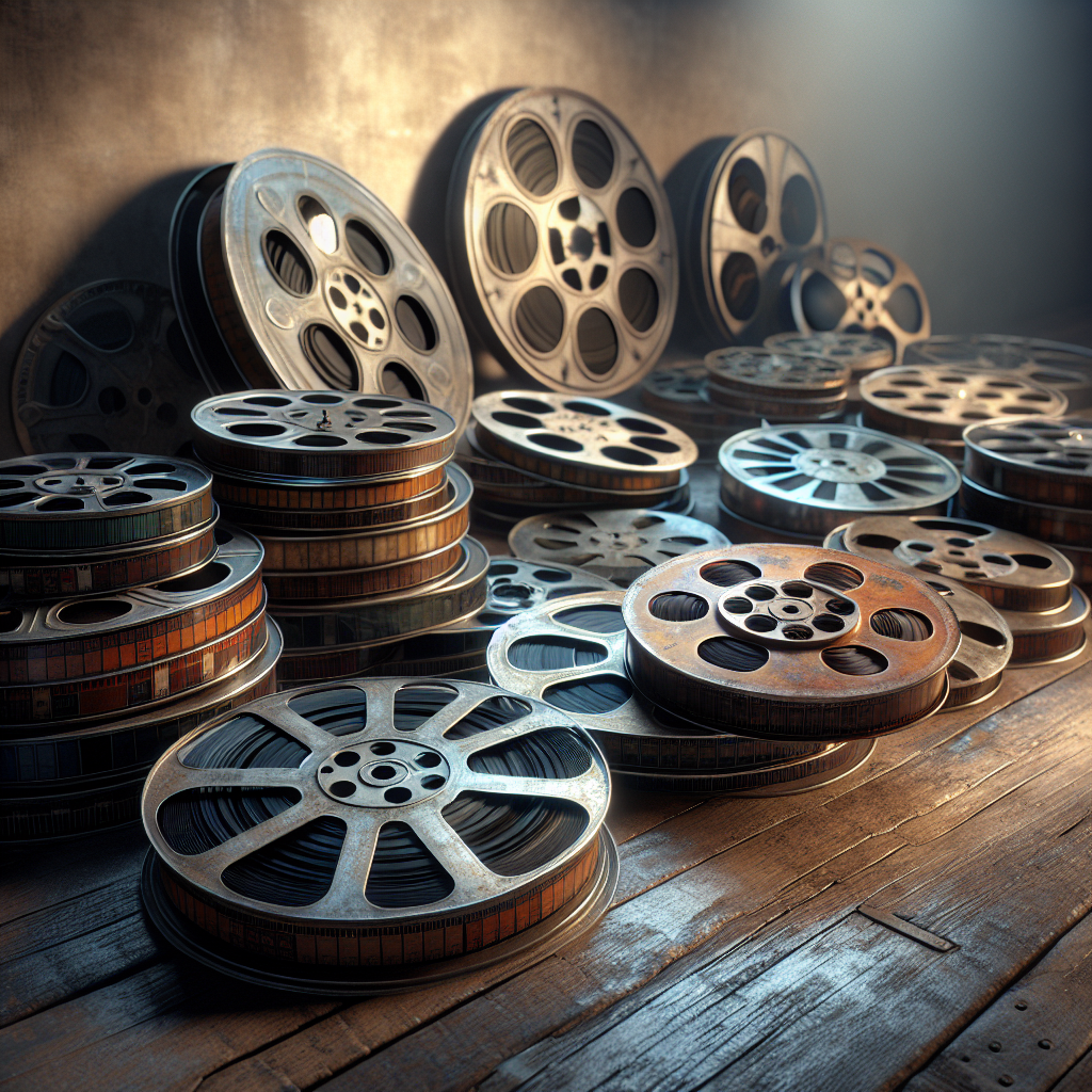 Realistic image of vintage 8mm film reels on a wooden table or in a mid-20th century film editing room.