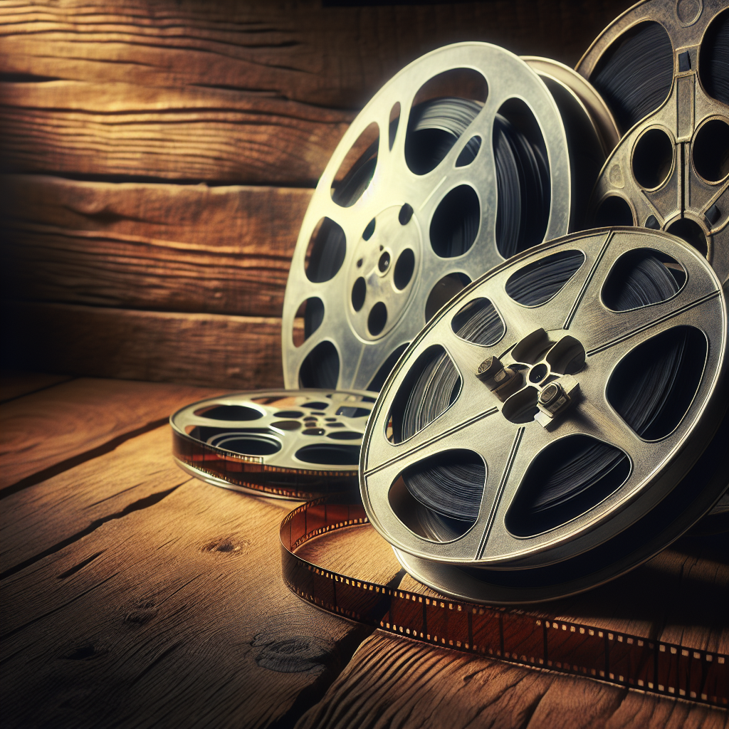 Realistic vintage 8mm film reels on a dark wooden background.