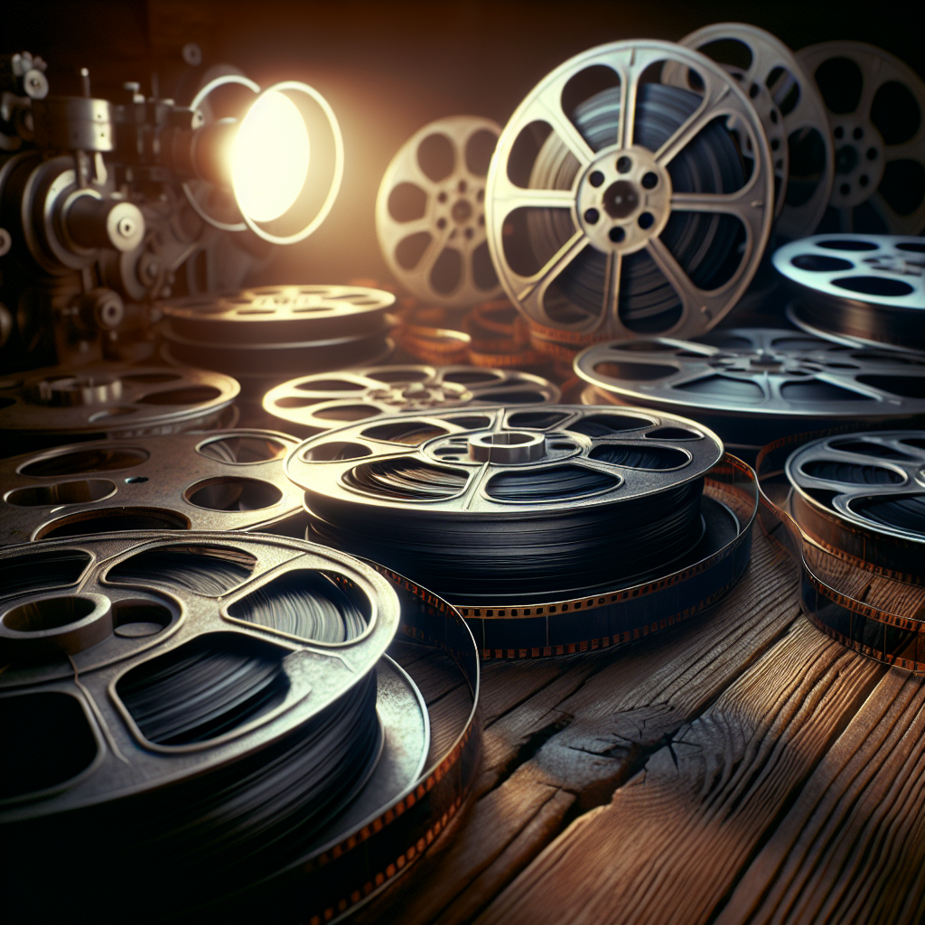 Vintage 8mm film reels on a wooden surface with nostalgic lighting.