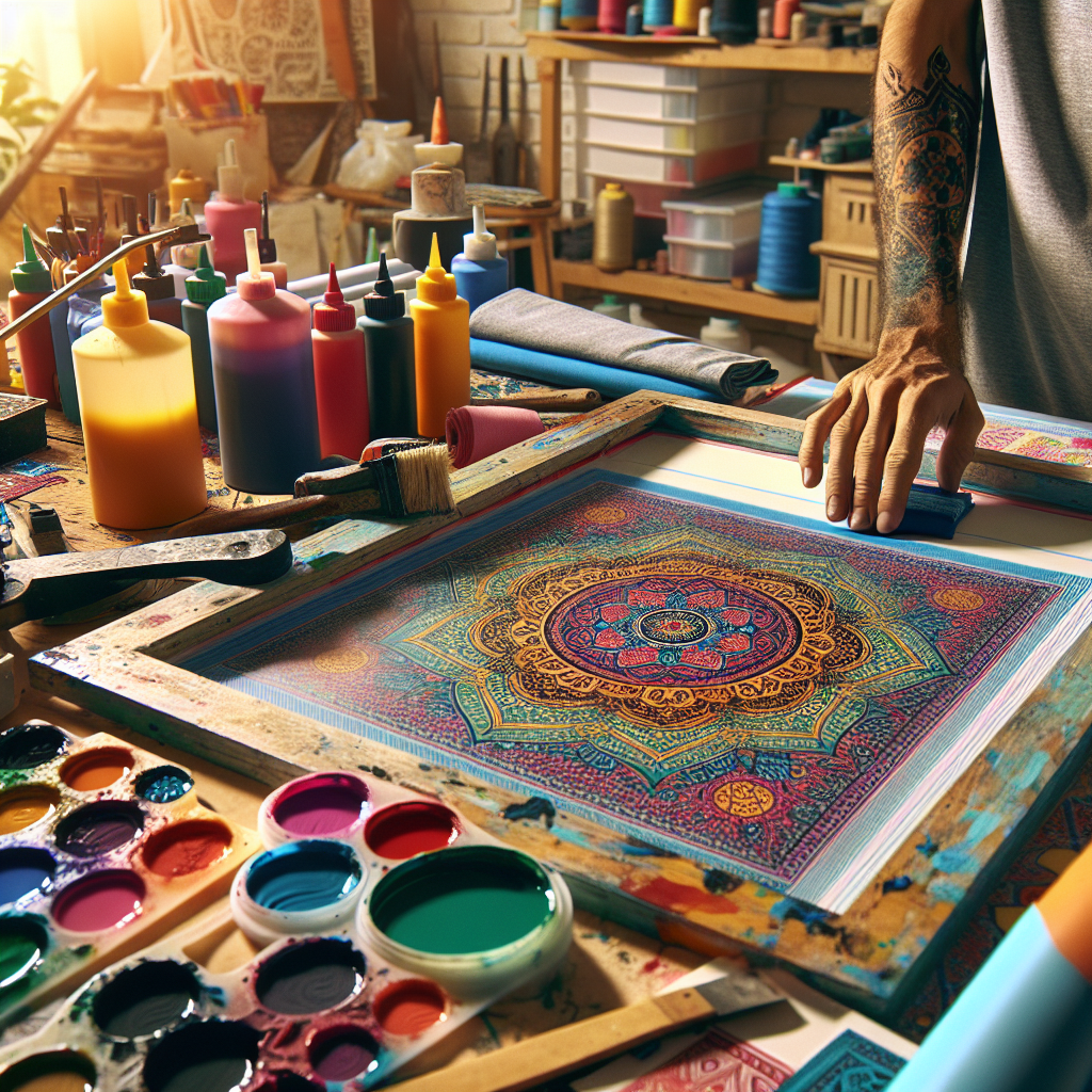 Screen printing transfer paper and tools in an artistic workshop.