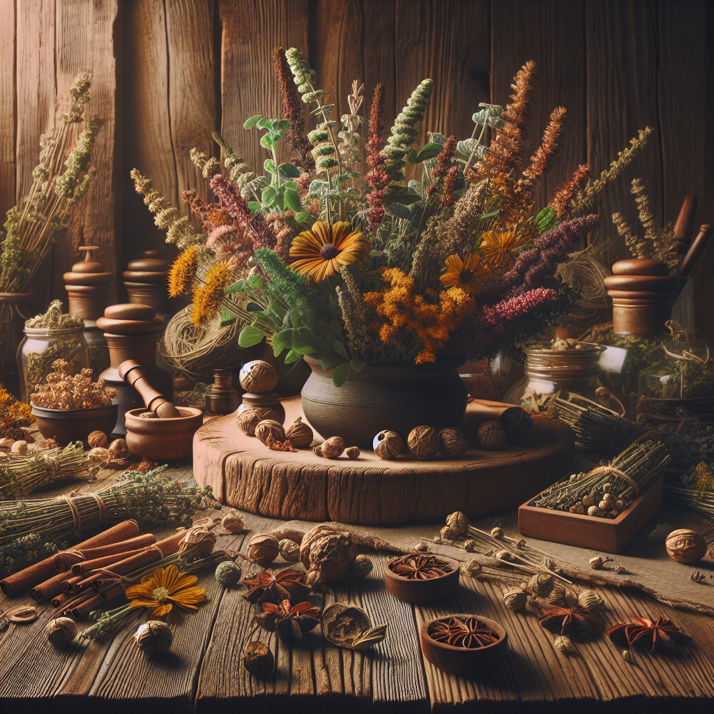 A variety of herbs on a wooden surface in a realistic, vintage apothecary setting.