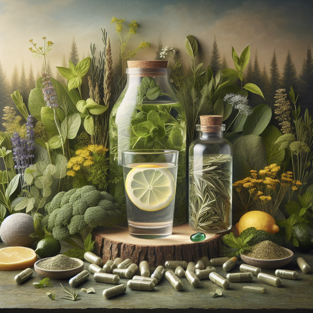 An array of natural health products including organic herbs, a glass of water with lemon, and supplements on an earthy background.