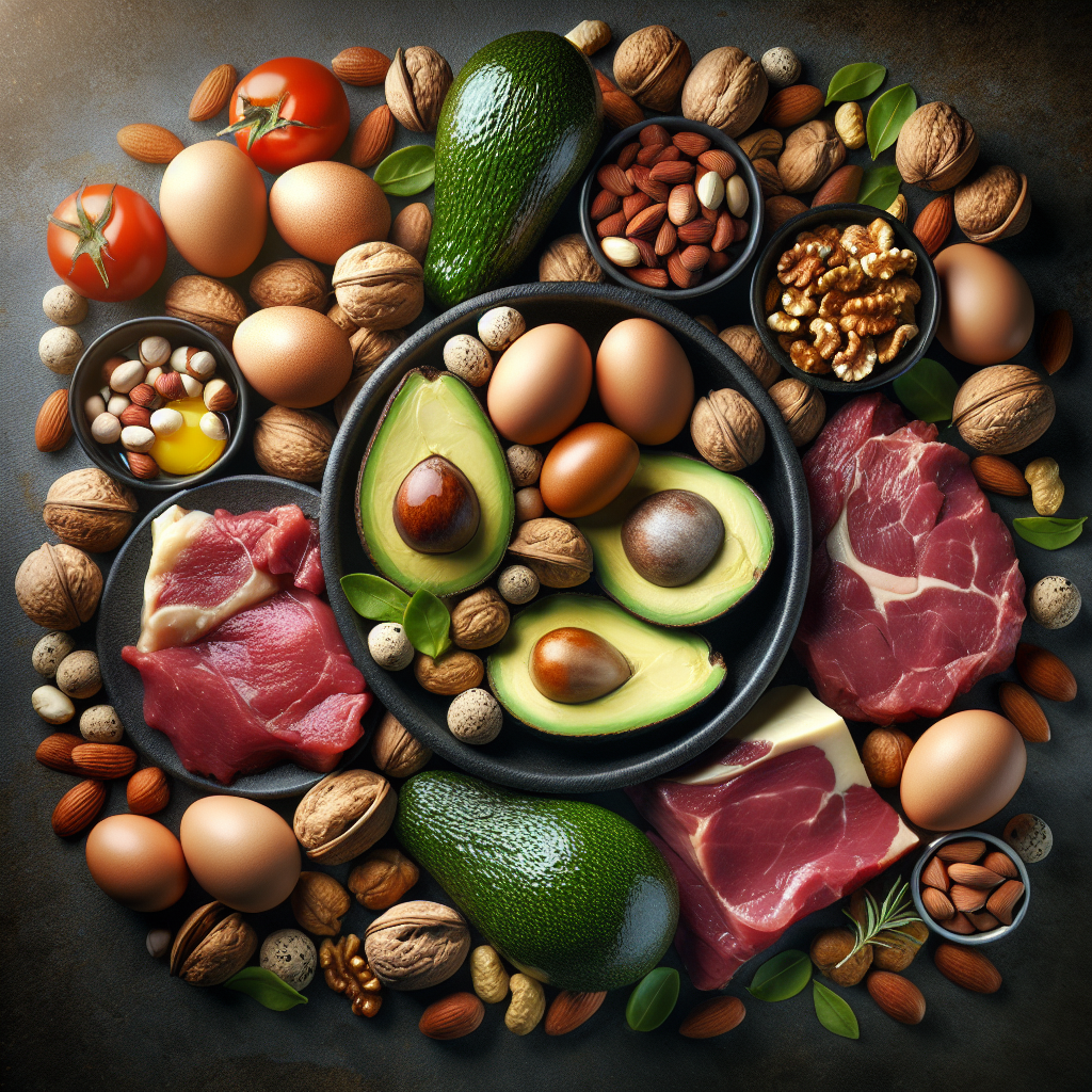 Realistic depiction of an assortment of ketogenic diet foods, including avocados, eggs, nuts, and meats, arranged appealingly.