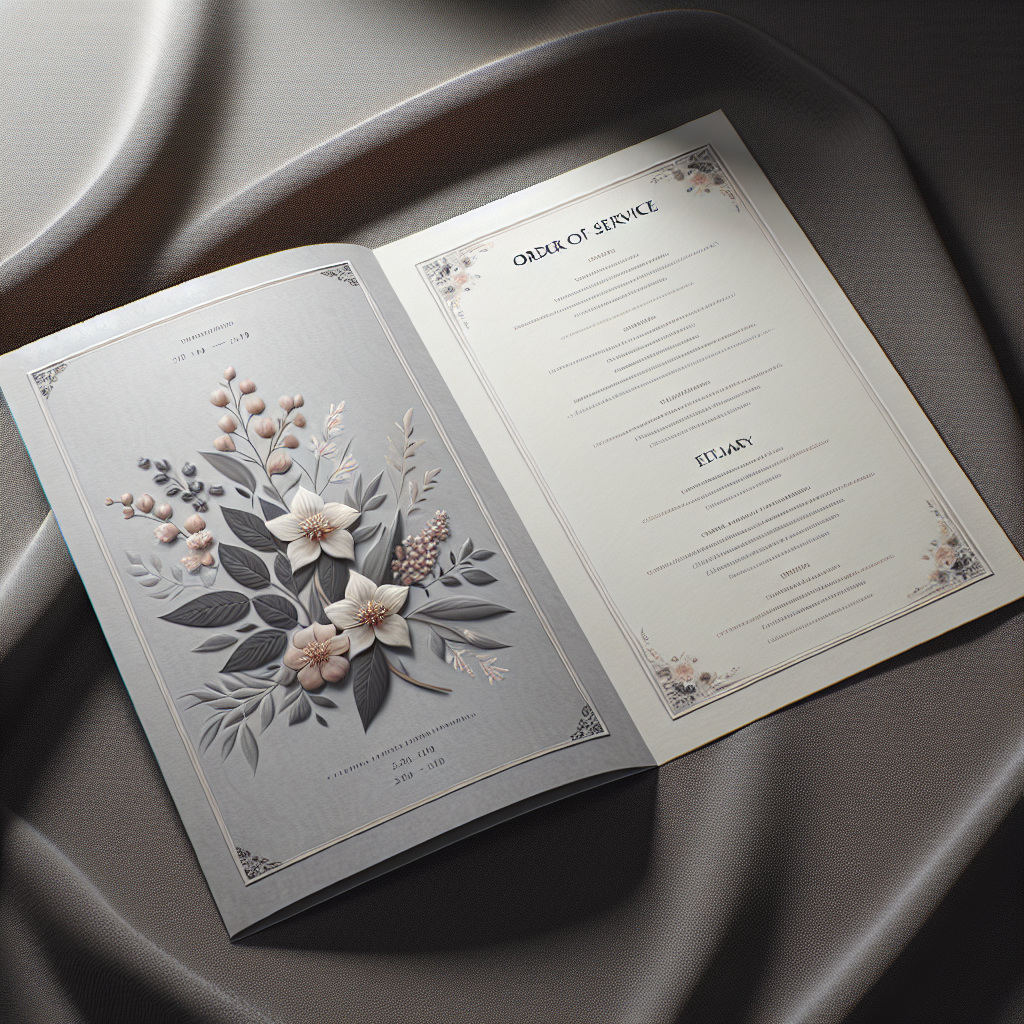 A partially open, elegant funeral program on dark fabric, with a photo placeholder and subtle floral accents, conveying a serene and respectful atmosphere.