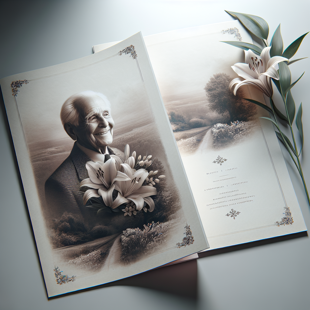 A funeral program open to a two-page spread with a landscape on the left and a photo with typography on the close-up right page, adorned with flowers.