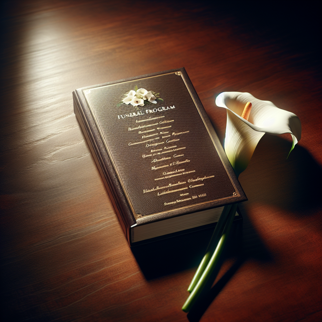 A partially open funeral program booklet with an implied biography and photographs on a dark wooden surface, next to a white calla lily, under warm lighting.