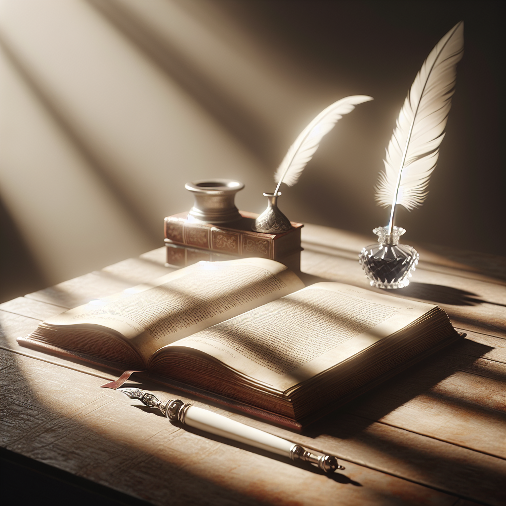 Open book with illegible text on a wooden table next to a white quill pen and an inkwell, in warm morning light, capturing a mood of reflection.