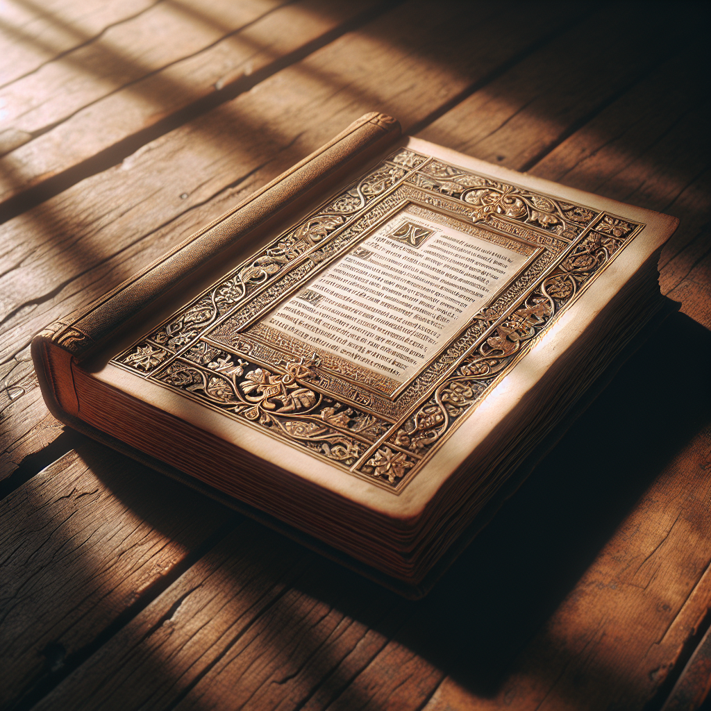 An antique open book with decorative borders on a wooden table, bathed in warm sunlight.