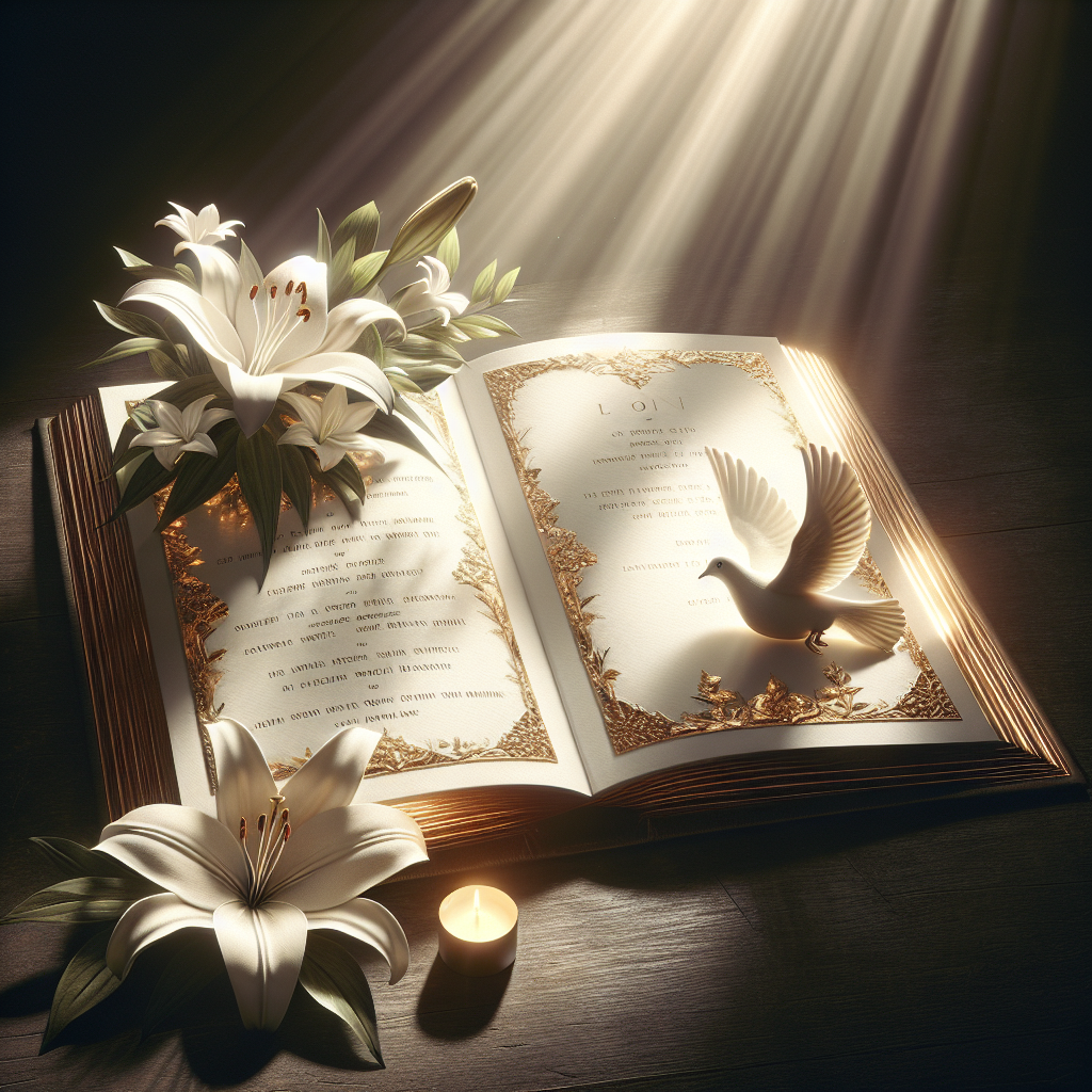 An open memorial card with white lilies, a dove, and golden accents on a dark wooden table, illuminated by a soft beam of sunlight.