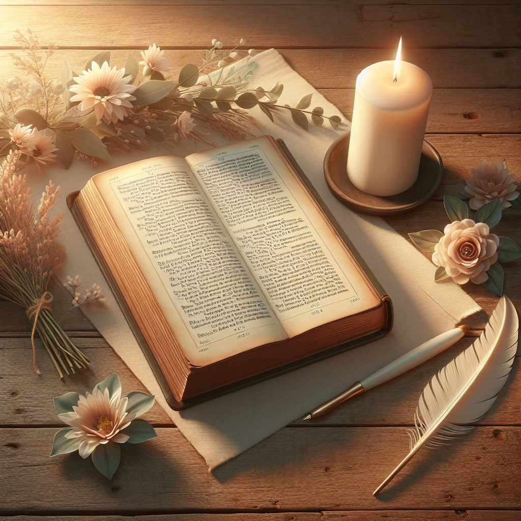 An open book on a wooden table with bible verses, surrounded by a feather, white candle, and pastel flowers, conveying comfort and remembrance.