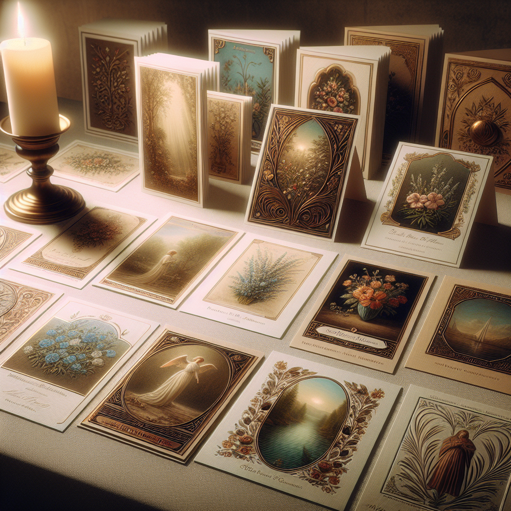 A realistic image featuring a variety of beautiful memorial cards on a table.