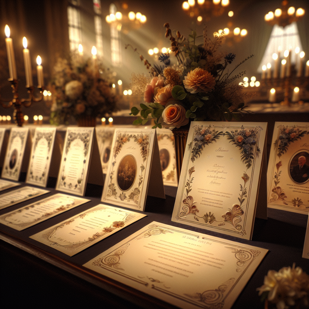 Memorial service table displaying beautifully designed memorial cards with elegant borders and floral patterns.