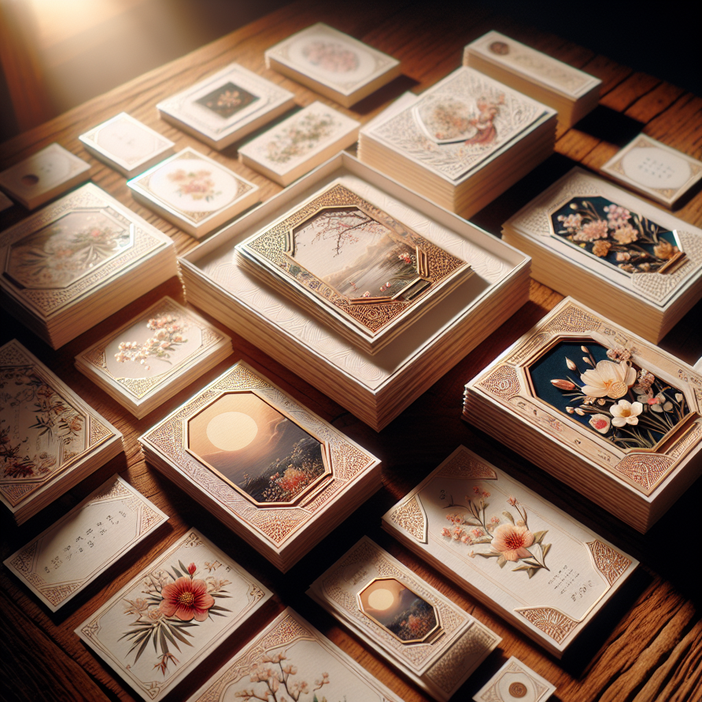 Realistic image of various memorial cards on a wooden table with floral designs and calming nature scenes.