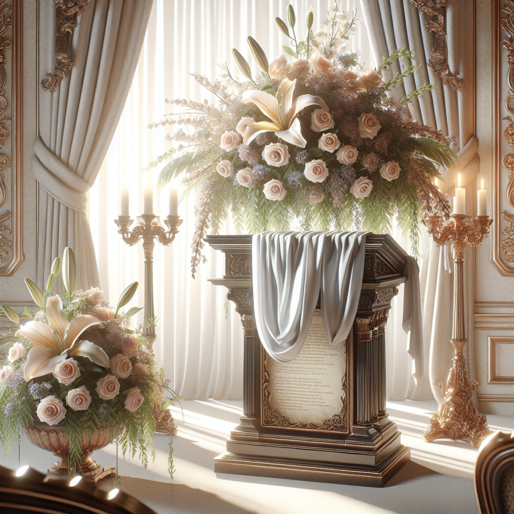 A serene funeral setting with a decorated podium and bouquet of lilies and roses.