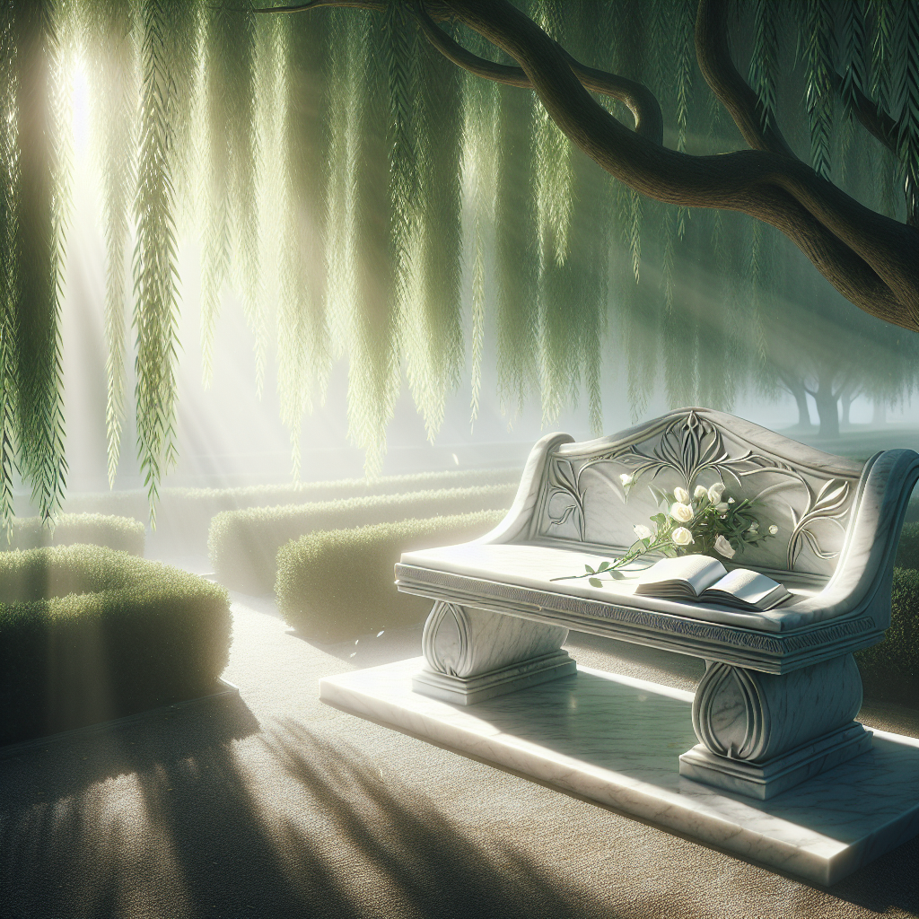 Serene memorial garden with a marble bench, an open book of poetry, and a white rose under a willow tree.