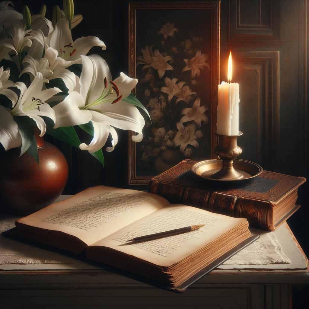 A candle, an old book, and white lilies on a table, symbolizing the serenity and solemnity of funeral poems.