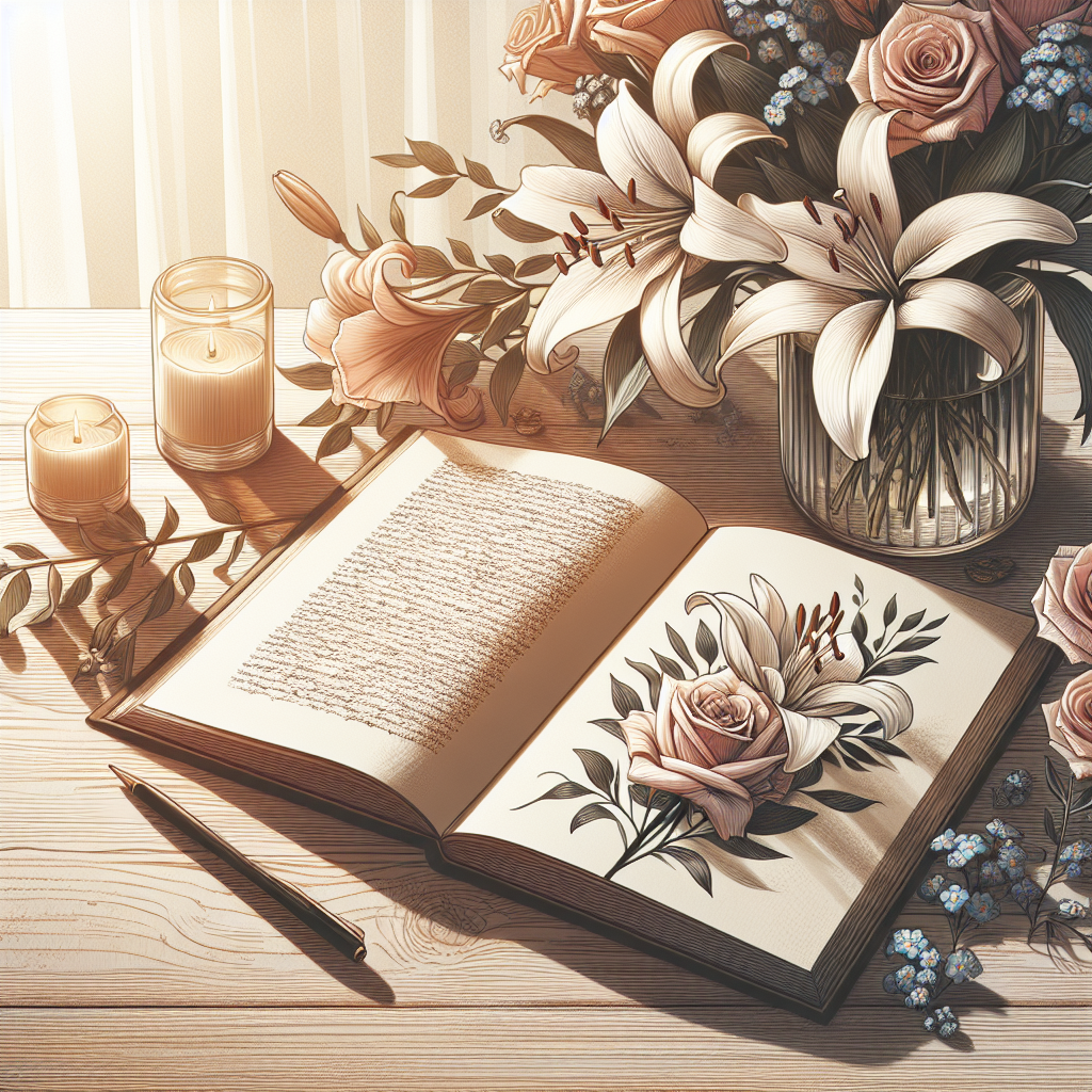 A serene memorial setting with an open book and delicate flowers in soft sunlight.