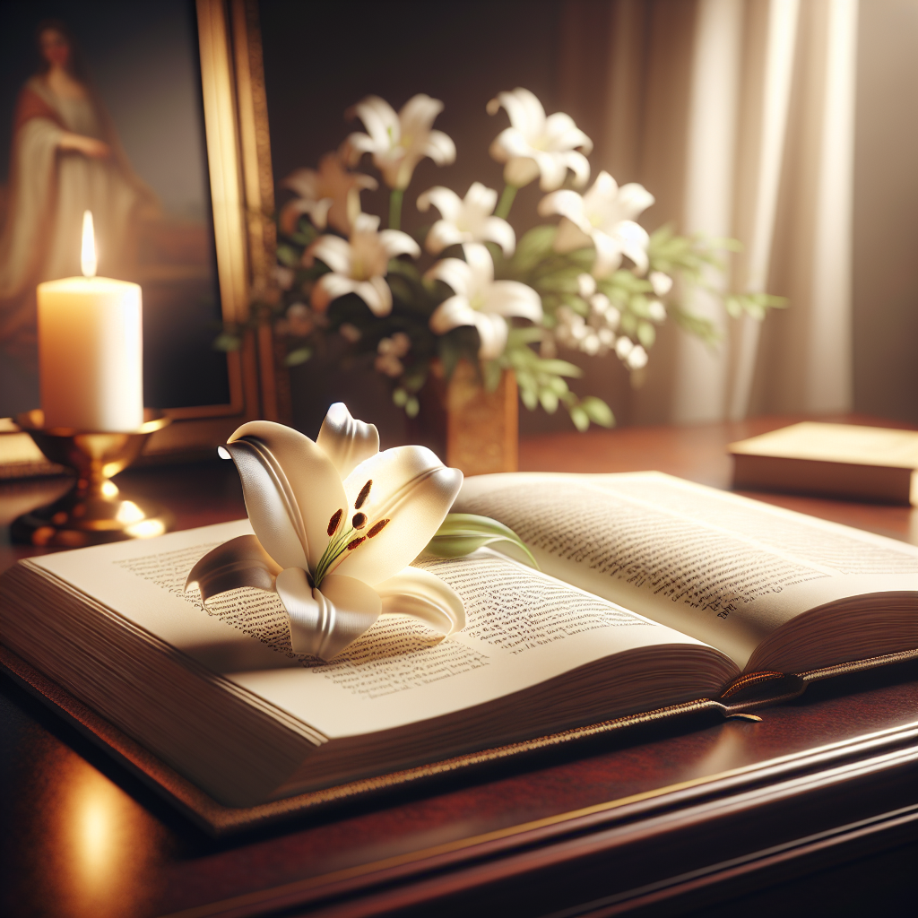 A realistic image of an open book of poems with a white lily on it, set on a wooden table with a warm, solemn atmosphere.