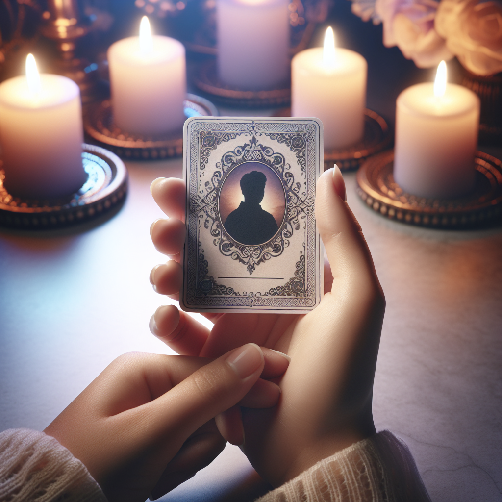 A beautifully designed prayer card with a memorial scene in soft colors and warm lighting.