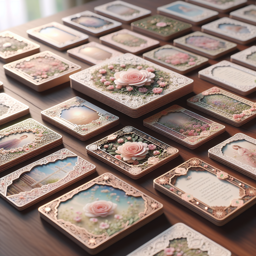 A collection of beautifully designed prayer cards on a wooden table.