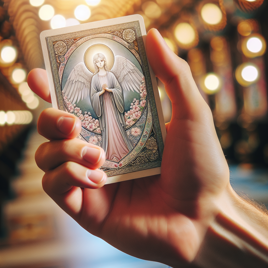 A hand holding a detailed prayer card in a warm, comforting setting.