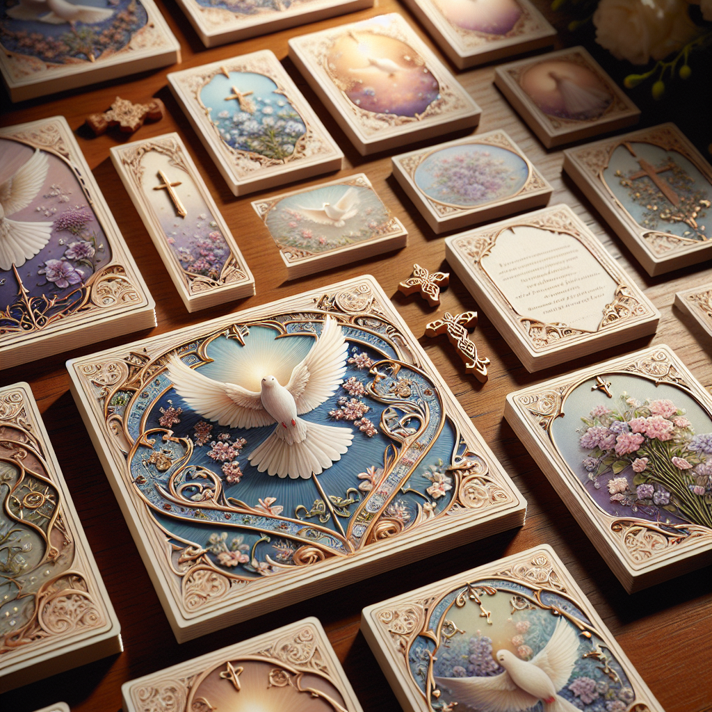 A realistic image of beautifully designed and personalized prayer cards arranged on a wooden table.