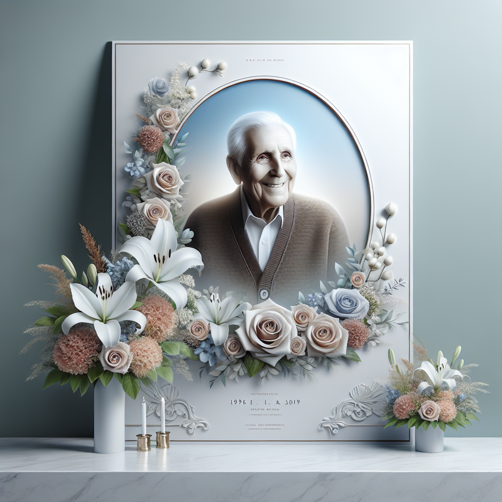 A realistic memorial poster design featuring a smiling elderly person's portrait and delicate flowers, with a serene background.