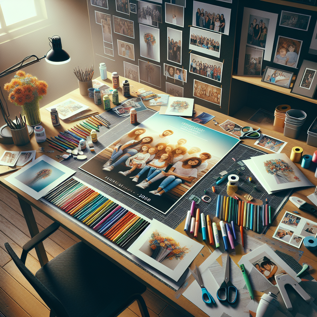 Workspace with memorial poster elements including family photos, scissors, markers, and a partially completed poster.