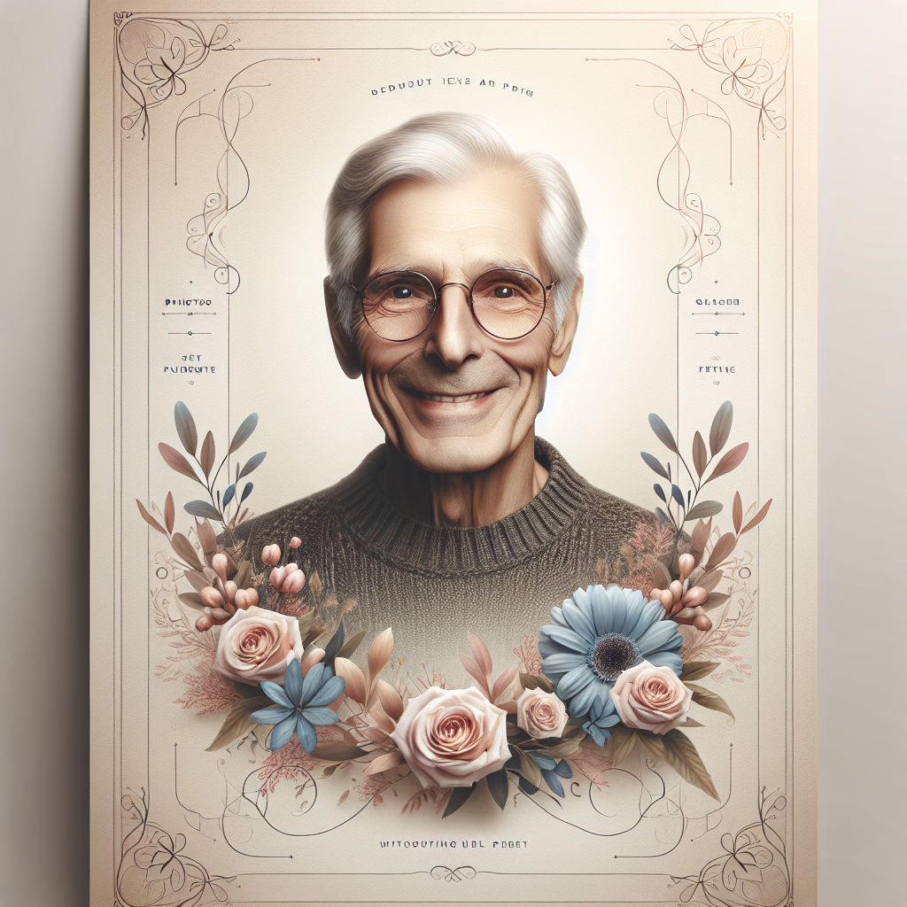 A realistic memorial poster design with an elderly man's photo and soft floral patterns.