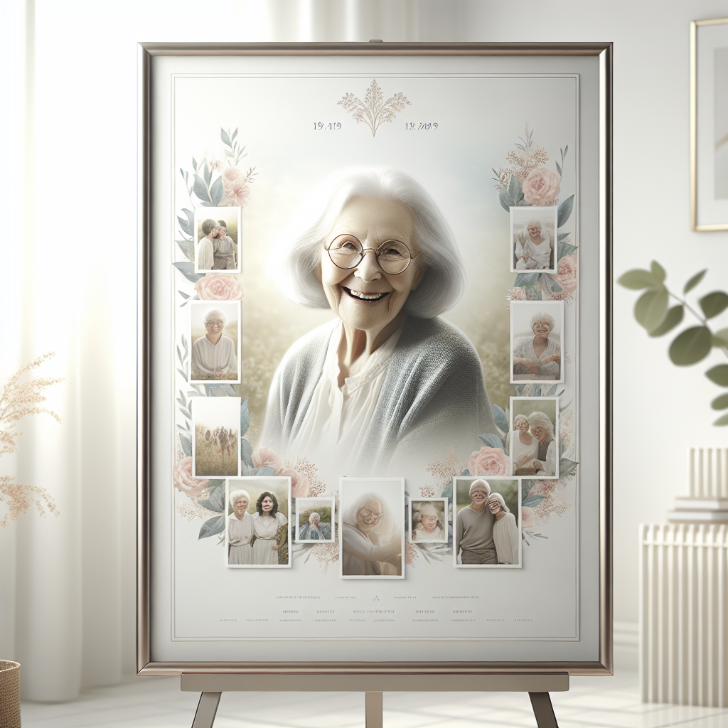 A realistic memorial poster with various life moments of a smiling elderly woman displayed in a serene room.