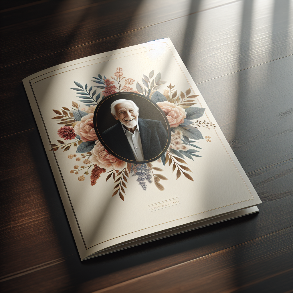 A beautifully crafted funeral program with a photo of an elderly person, placed on a dark wooden table.