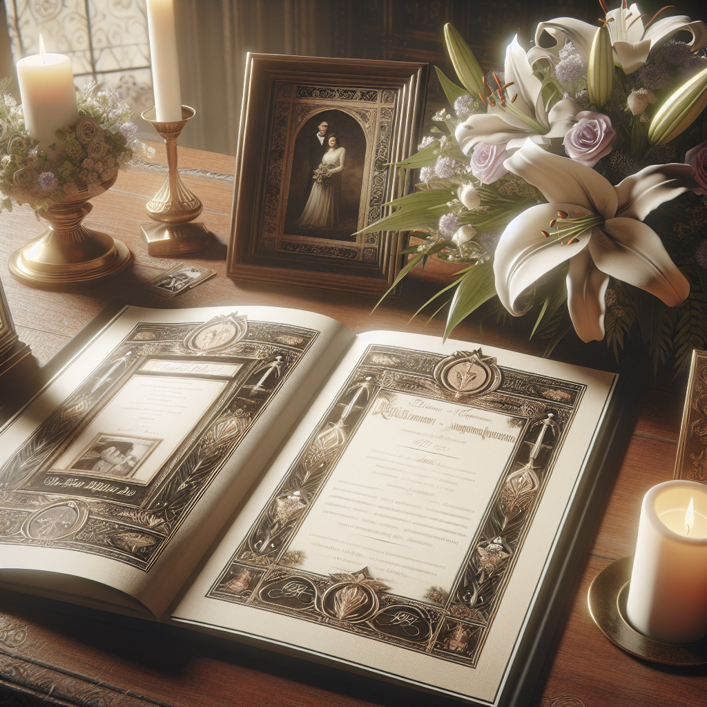 A beautifully designed funeral program on a wooden table with personal mementos and a lit candle.