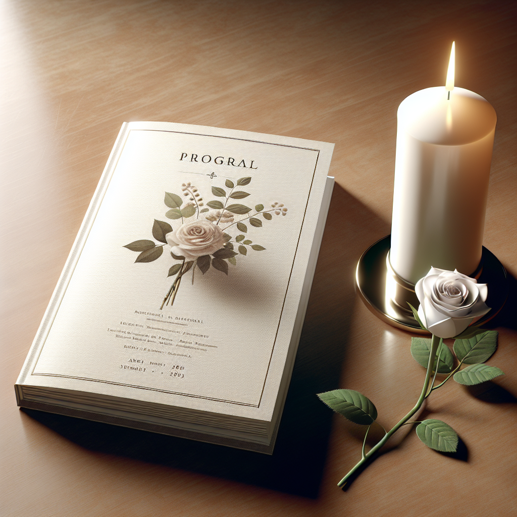 A beautifully designed funeral program on a wooden table with a candle and a white rose.