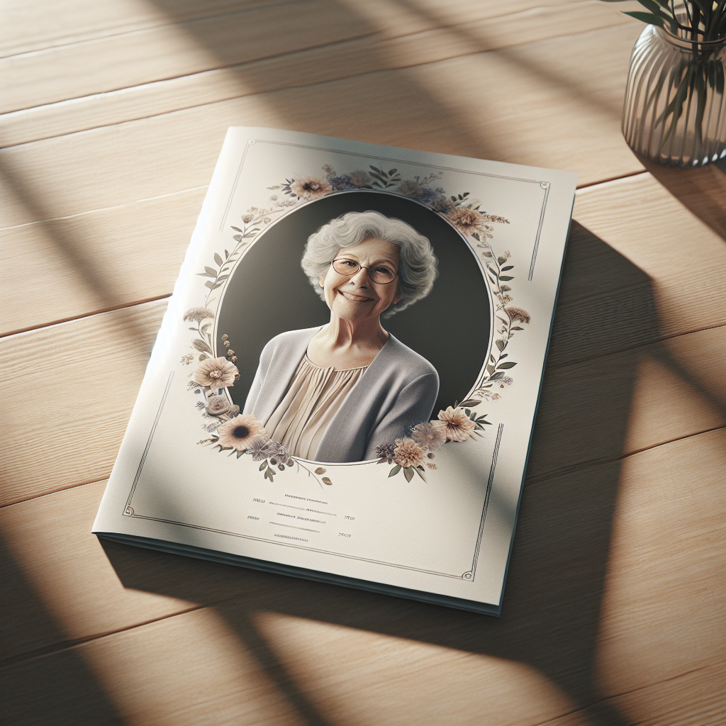 A realistic depiction of a funeral program on a wooden table with a photo placeholder of an elderly woman, set in a warmly lit, solemn yet comforting atmosphere.