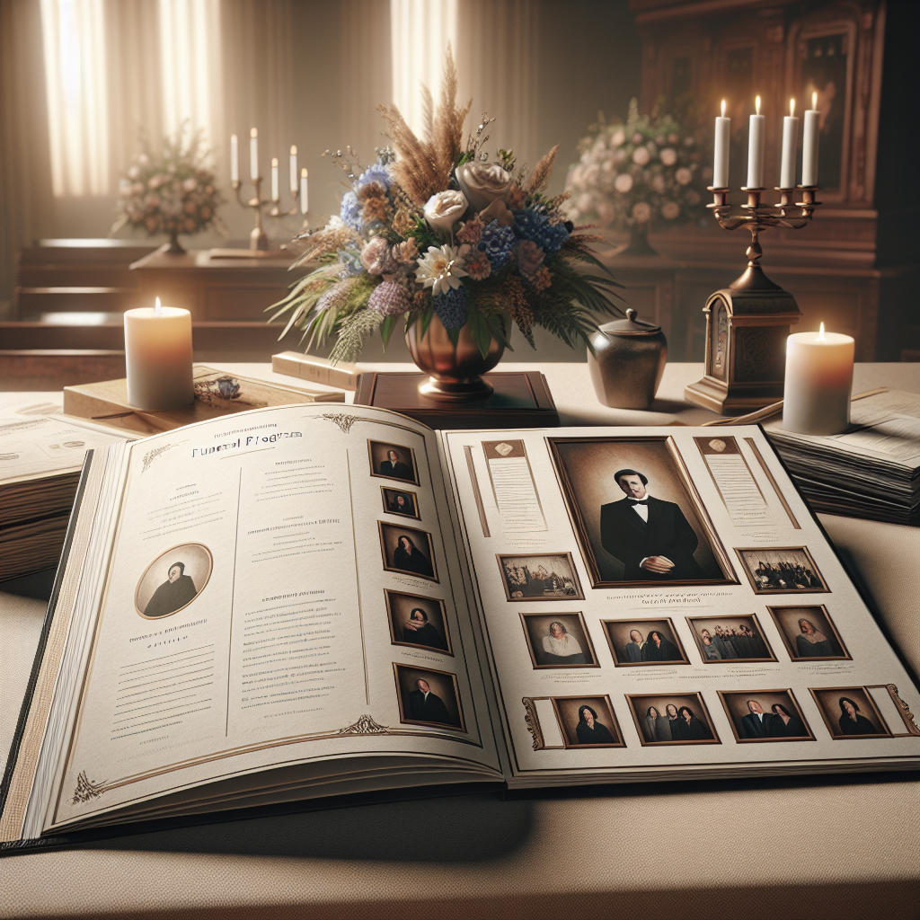 An elegant funeral program open on a table, featuring a portrait and personal photos in a realistic style.