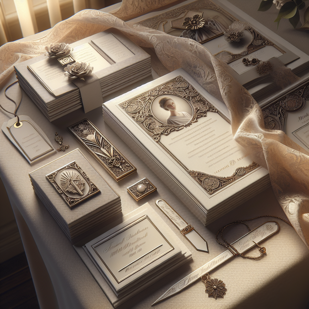 A display of various funeral keepsakes including memorial cards, bookmarks, and custom-engraved jewelry on a table.