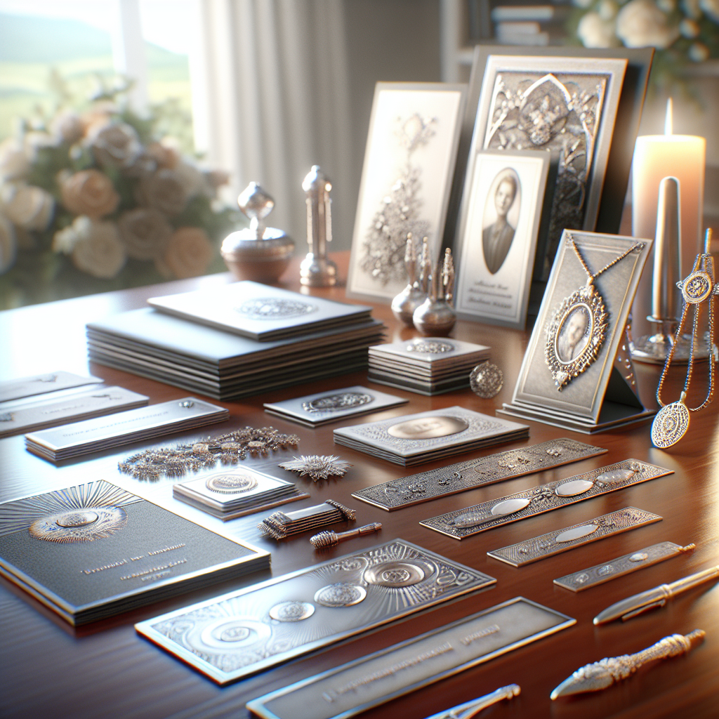 An arrangement of funeral keepsakes including memorial cards, bookmarks, and custom-engraved jewelry on a polished wooden table.