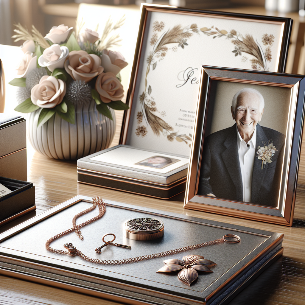 A realistic depiction of various funeral keepsakes including engraved jewelry, a memorial card, and a photo frame on a wooden table.