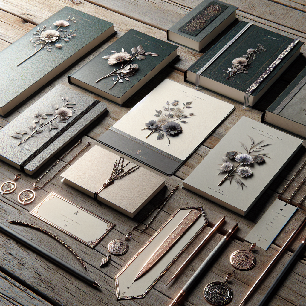 A realistic arrangement of funeral keepsakes including memorial cards, bookmarks, and custom-engraved jewelry on a wooden table.