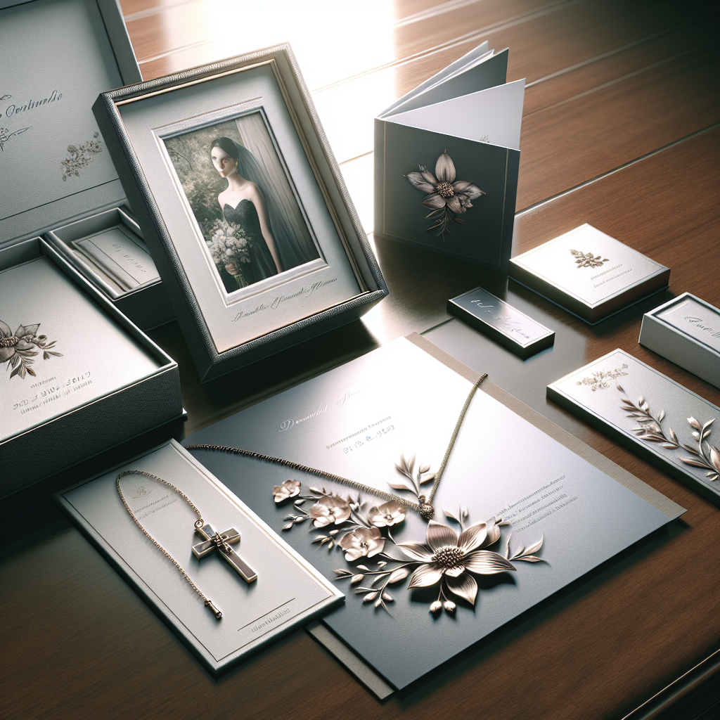 A realistic image of various funeral keepsakes such as jewelry, a memorial card, bookmark, and a small photo frame arranged on a wooden table.