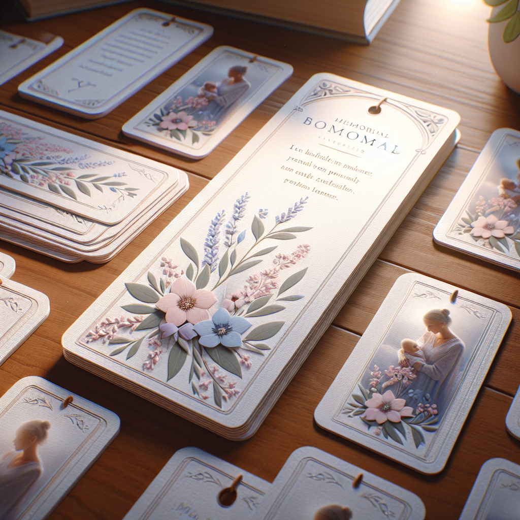 Realistic image of memorial bookmarks on a wooden table with soft natural lighting.