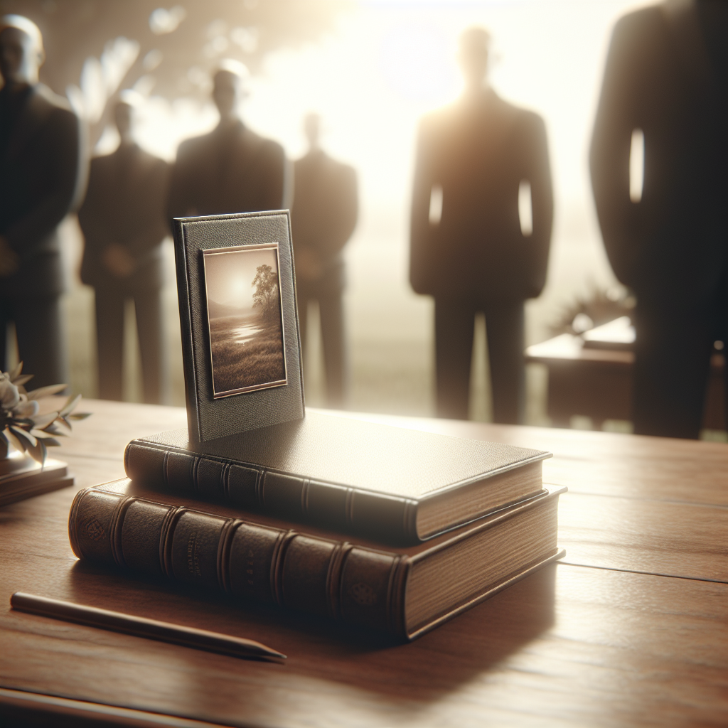 A memorial bookmark on a table during a serene memorial service.