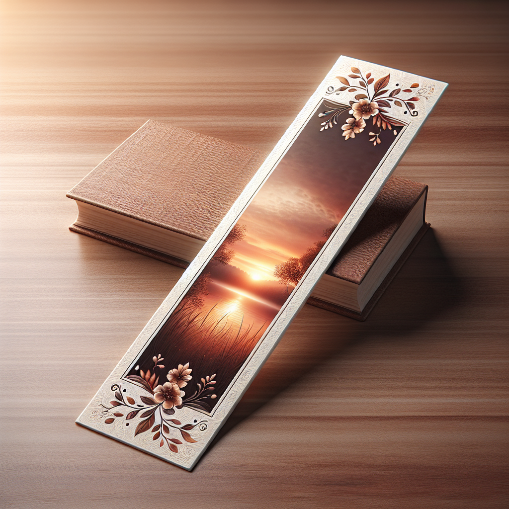 A realistic memorial bookmark on a wooden table featuring a serene landscape photo and floral patterns.