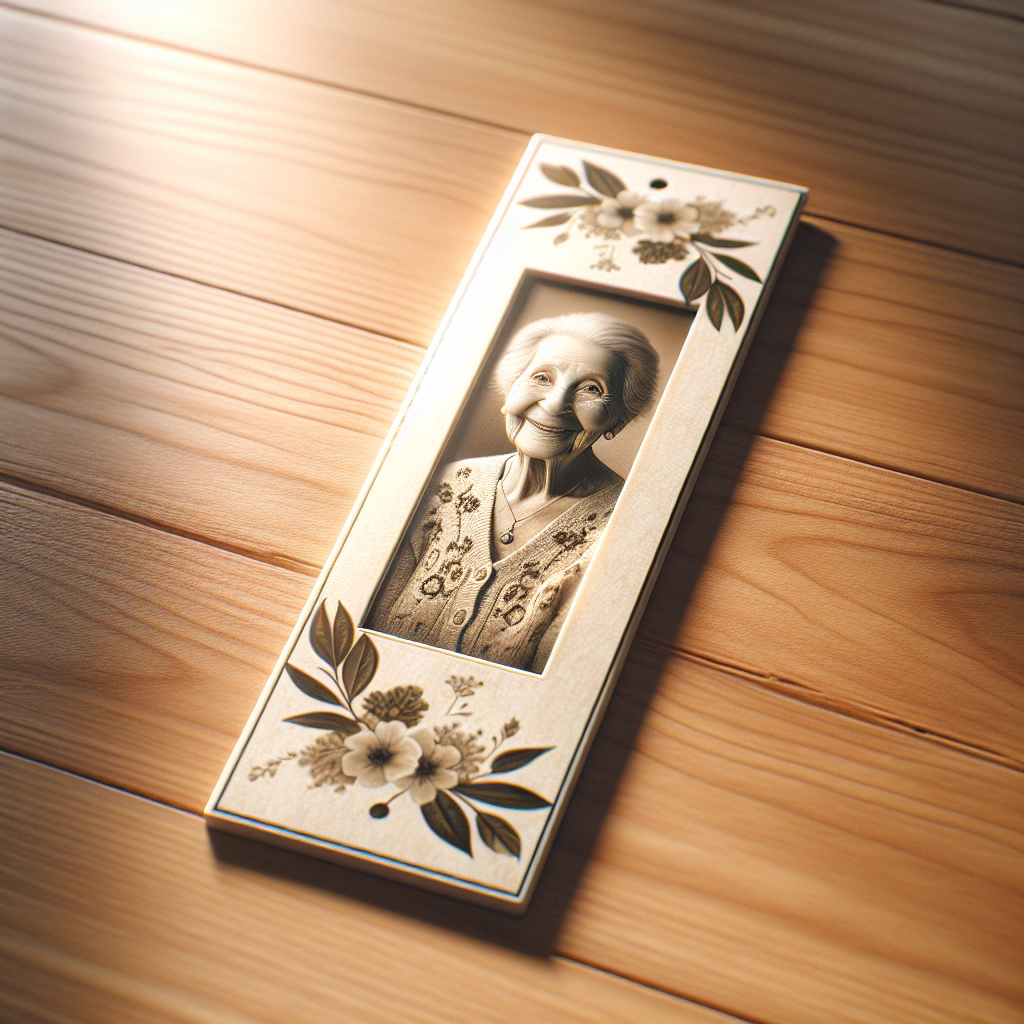 A realistic memorial bookmark on a wooden table.